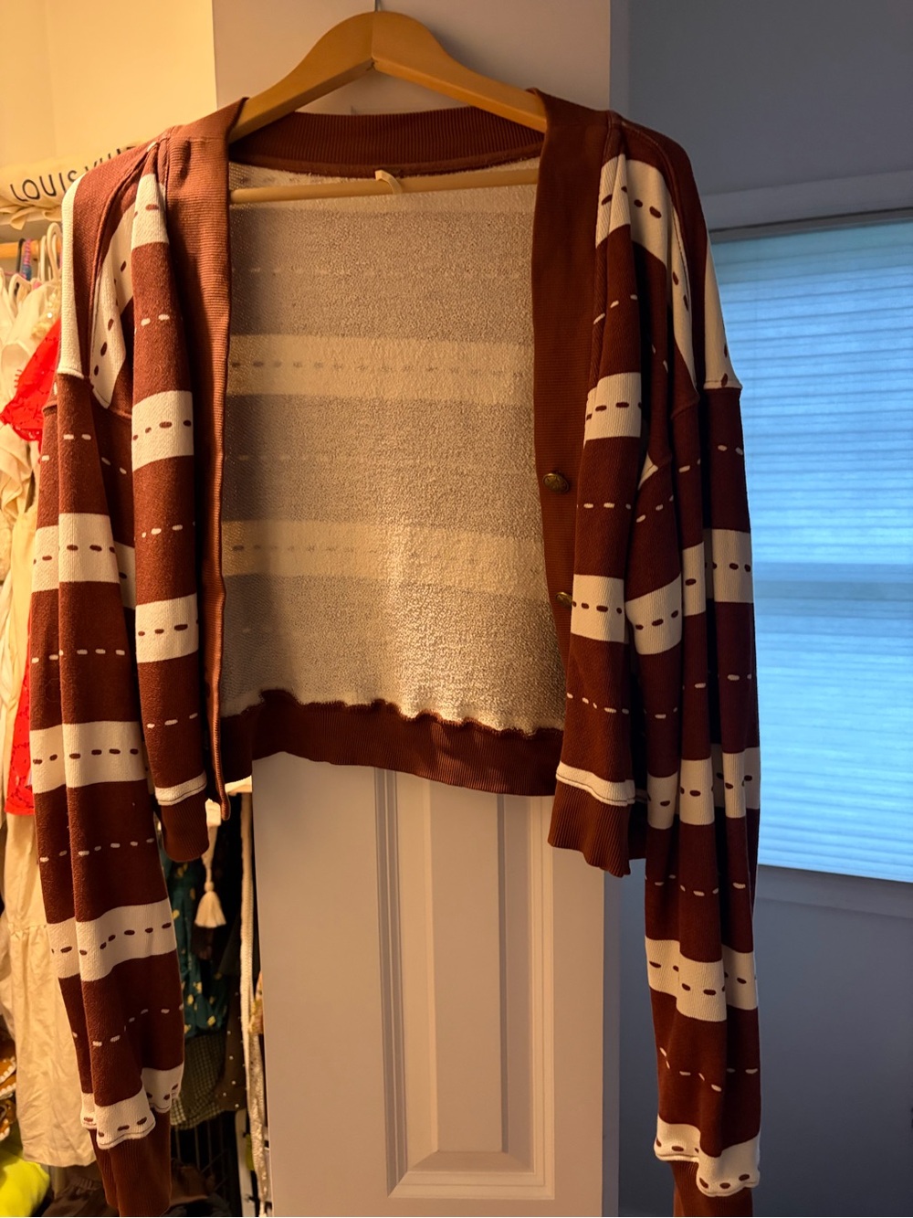 Free People Brown and Cream Striped Open Front Cardigan